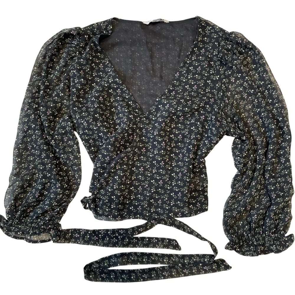 American Eagle Floral Wrap Top Black Chiffon Balloon Sleeve M Whimsical Ditsy
